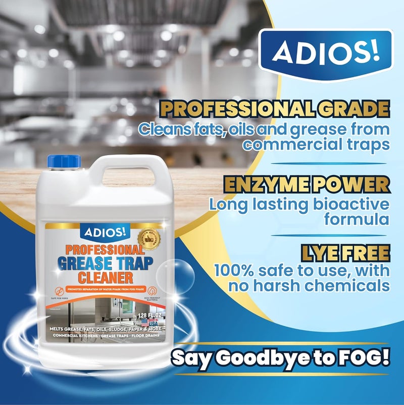 ADIOS! Professional Grease Trap Cleaner for FOG – Cleans Fats, Oils & Grease from Drains Pipes, Safe Enzyme Based Formula for Preventative Maintenance - Image 2